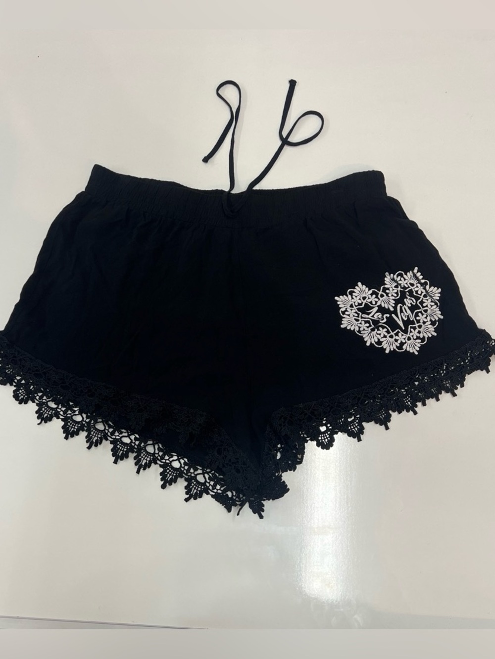 Black Lace-Trim Shorts with White Heart Embroidery